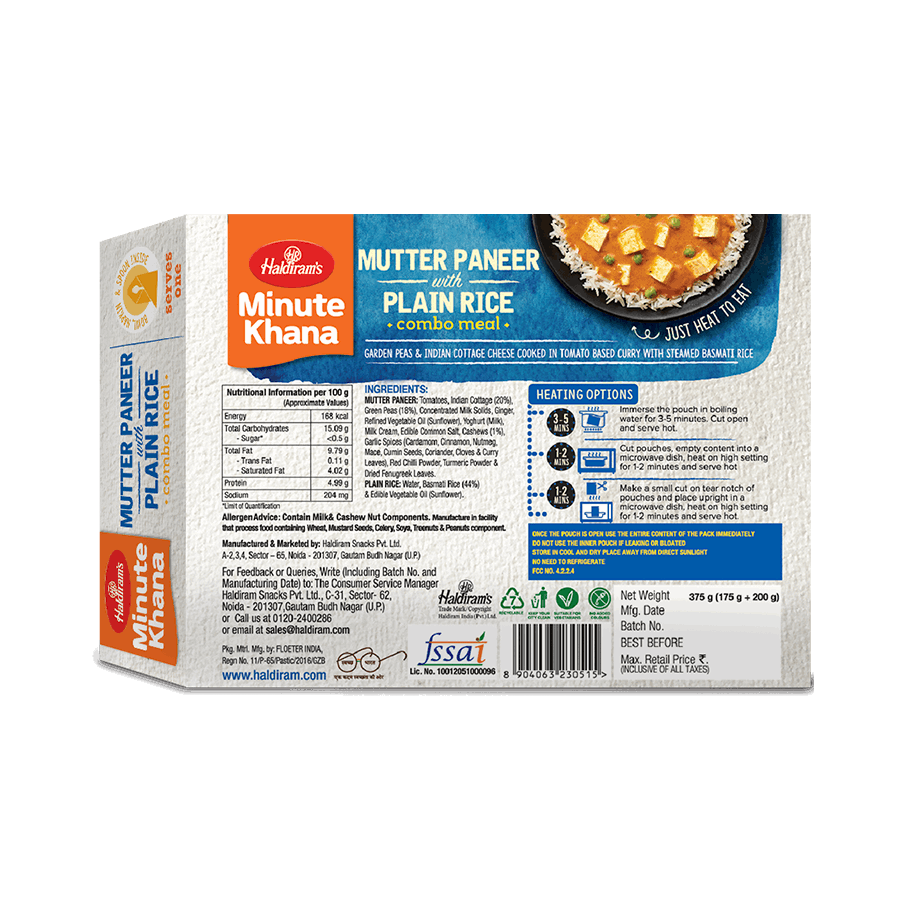 Buy Mutter Paneer With Plain Rice - Quick Meals | Haldiram's